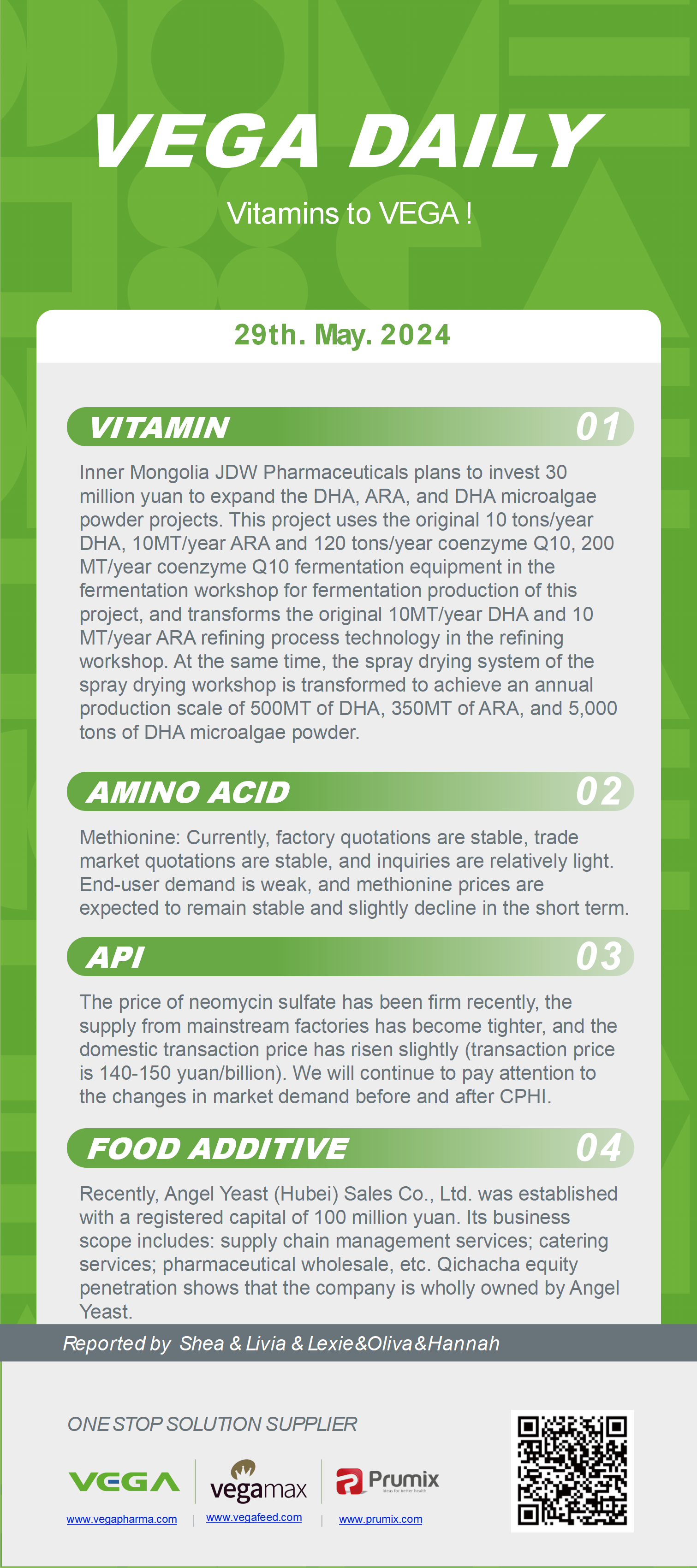 Vega Daily Dated on May 29th 2024 Vitamin Amino Acid APl Food Additives.png